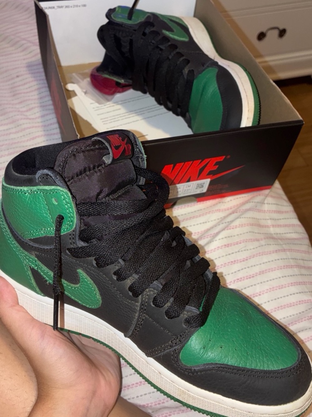 Air Jordan 1 High Top Black/Green Colorblock Leather Sneakers